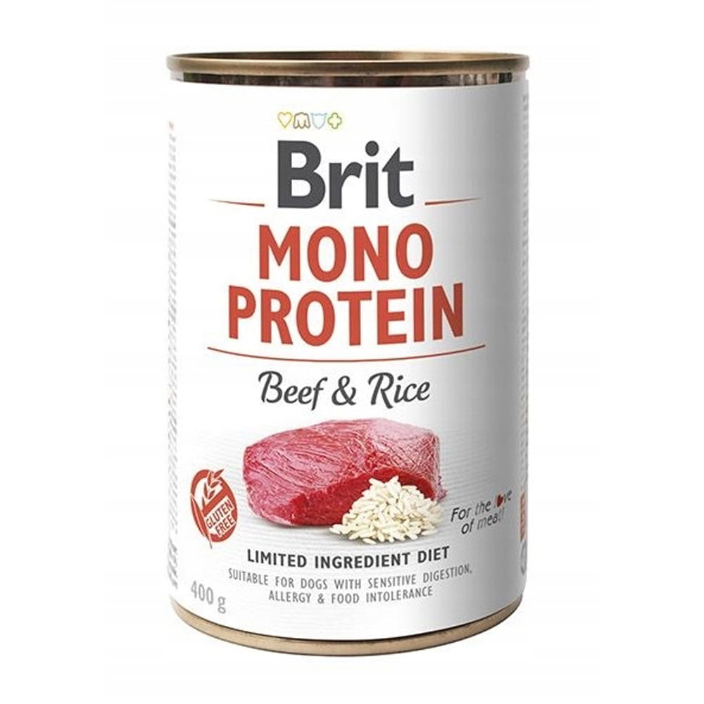 BRIT MONO PROTEIN beef & rice WOŁOWINA karma mokra w puszce dla psa zestaw 12x400g